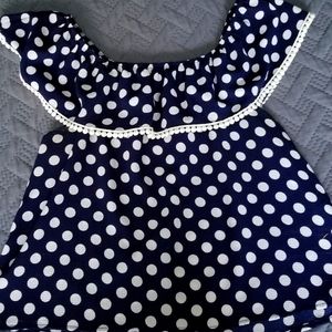 Polka dot navy blue and white top pompom off the shoulder summer fashion women L